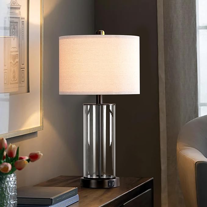 KAWOTI 23'' Clear Glass Table Lamp Set of 2 Bedroom Lamps with USB Ports and AC Outlet Living Room Nightstand Lamp Bulbs Included