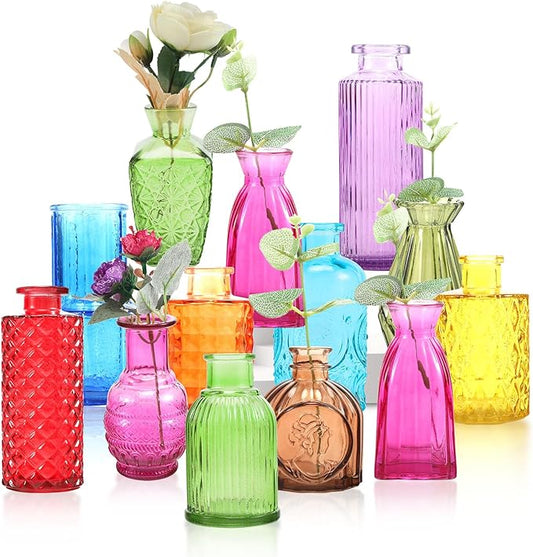 12 Pcs Color Bud Vases in Bulk,Colored Glass Bud Vases,Mini Vintage Flower Vase for Centerpieces,Vintage Small Vase for Flowers,Home Wedding PartiesTable Decoration