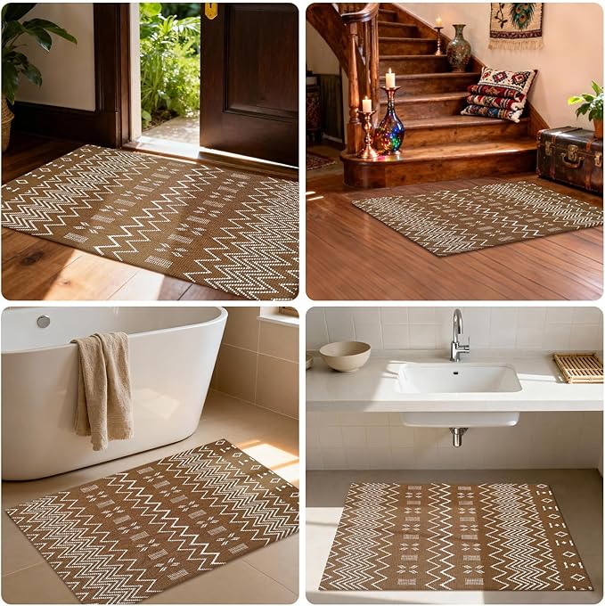 winolive Indoor Door Mat 2x3 Washable Rug,Braided Area Rug,Front Door Mat with Non Slip Rubber Backed,Cotton Doormat for Front Entryway Bathroom Kitchen Bedroom,Brown/White
