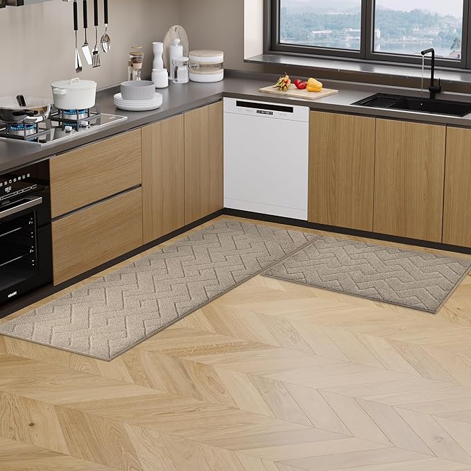 Machine Washable Kitchen Rugs Set (24" x 36"+24" x 60"), Non-Slip Kitchen Runner Rugs Mats for Floor, Absorbent Comfort Standing Mats for Kitchen, Sink and Hallway, Rolled Packaging, Taupe