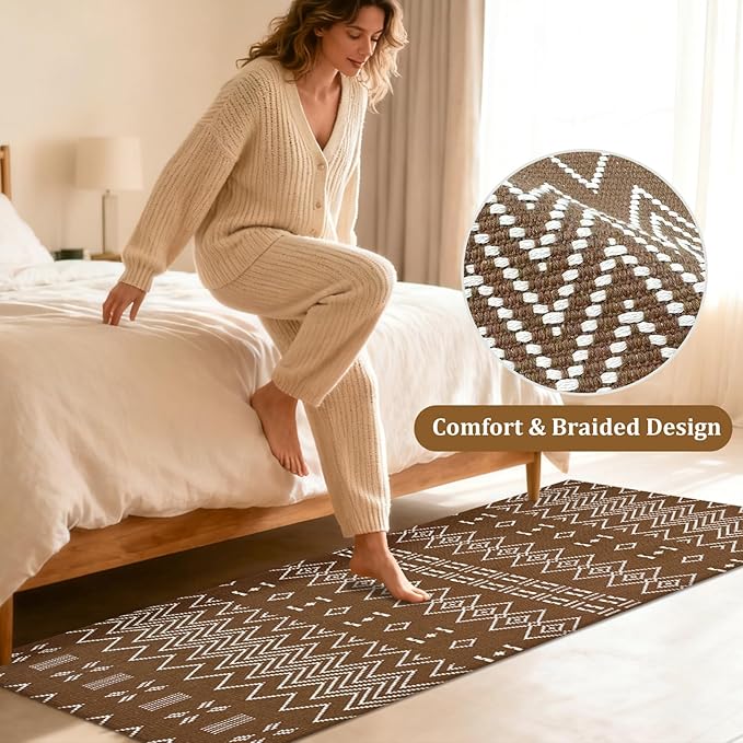 winolive Boho Runners for Hallways,2x5 ft Washable Kitchen Runner,Non Slip Rubber Backed Braided Runners,Cotton Entryway Runner Rugs,Faux Jute Rug for Indoor Backdoor Bedroom,Brown/White