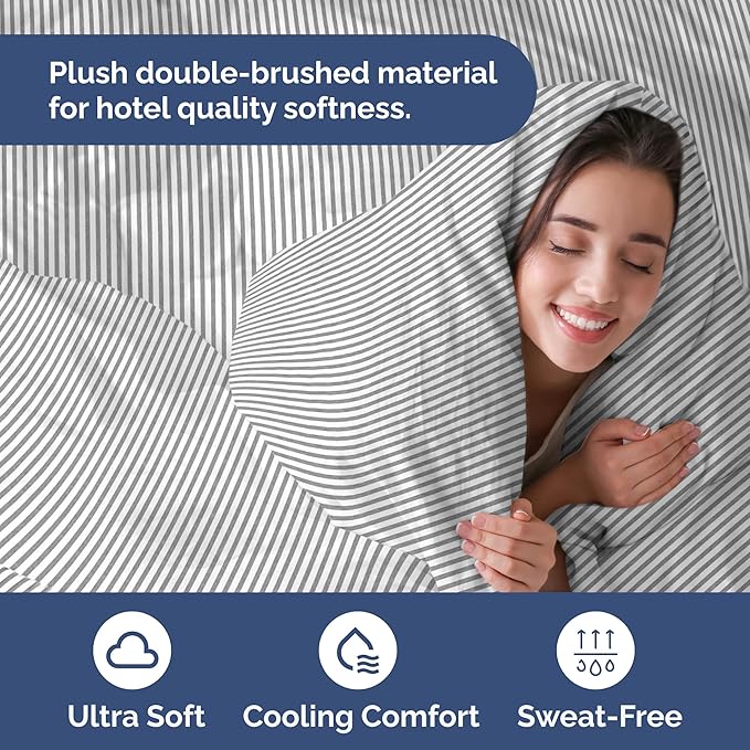 Duvet Cover Twin/Twin XL Size Set - Extra Soft Duvet Cover 68 x 90 with 1 Pillow Sham - Hotel Luxury, Easy Care and Fade Free w/ Zipper Closures & Ties - Comfy, Breathable Bedding Set (Grey Stripes 2)