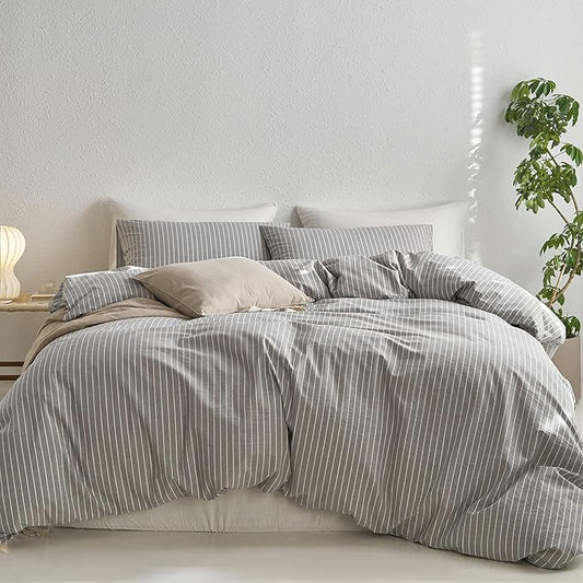 MooMee Striped Duvet Cover Set 100% Washed Cotton Linen Like Textured Breathable Durable Soft Comfy (Light Grey White Wide Stripes, Full 80"x90")