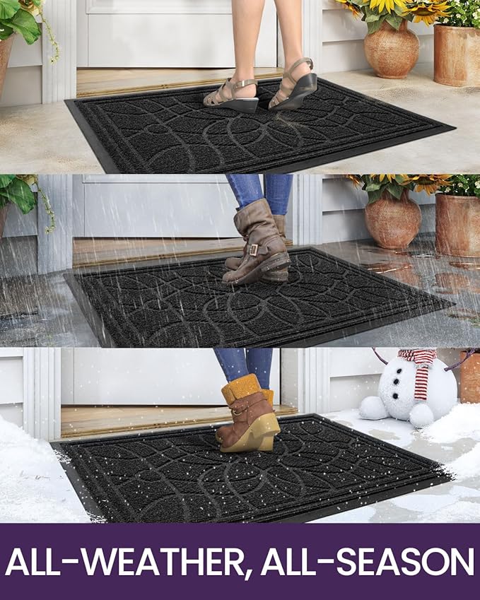 DEXI Front Door Mat Outside Entrance, Heavy Duty Non Slip Low Profile Doormat for Entryway, Trap Dirt and Moisture Welcome Mats, Easy Clean, Patio, Garage, 3x2, Black
