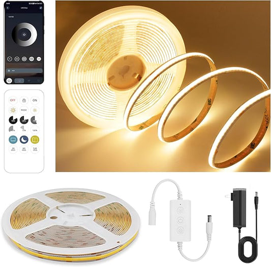 COB LED Strip Lights Warm White,24V Dimmable led Light Strip KIT with Remote and app Control,2700K 9.84FT/3m 8mm Wide Ra>90 Cuttable Flexible Strip Lights for Bedroom,Wardrobe,Cabinet