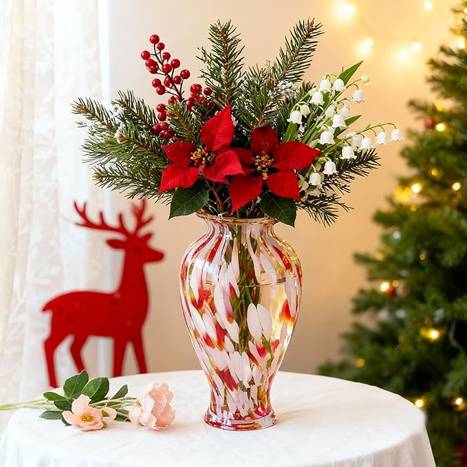 QFkris Hand Blown Glass Vase for Flowers, 12 Inch Tall Crystal Flower Vases for Bouquet Home Decor Decorative Centerpieces, Unique Galentines Day Gift, Valentine's Day Gift for Her Lover Girlfriend