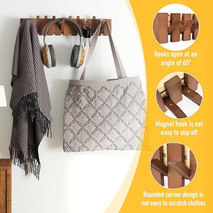 Wood Wall Mounted Coat Rack with 10 Flip Down Hooks, Heavy Duty Piano Style Wall Hook Rack, Decorative Coat Hooks Wall Mount for Entryway, Living Room, Bedroom, Bathroom, Kitchen