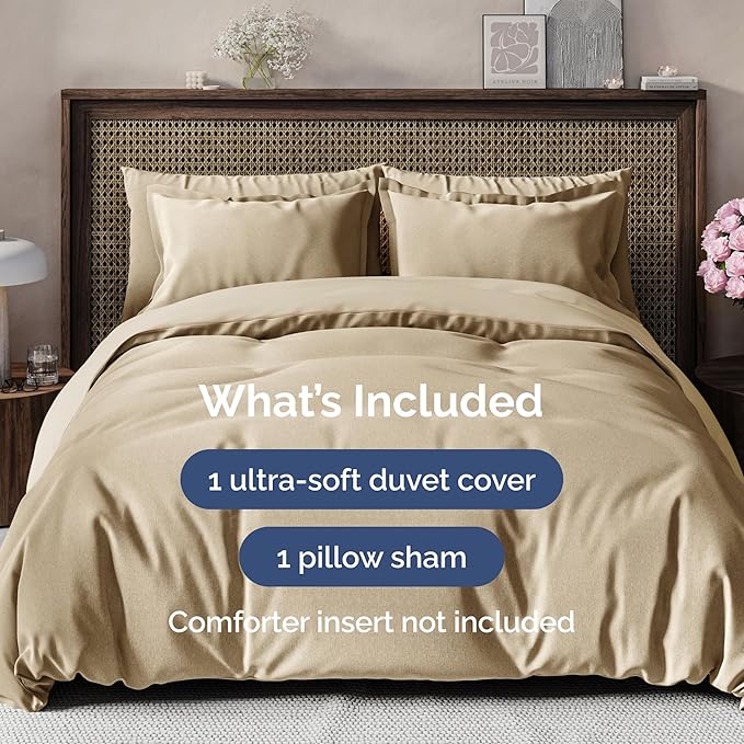 CGK Unlimited Duvet Cover Twin/Twin XL Size Set - Extra Soft Duvet Cover 68 x 90 with 1 Pillow Sham - Hotel Quality, Fade Free w/Zipper Closures & Ties - Bedding and Bed Linens Set (Heathered Tan)