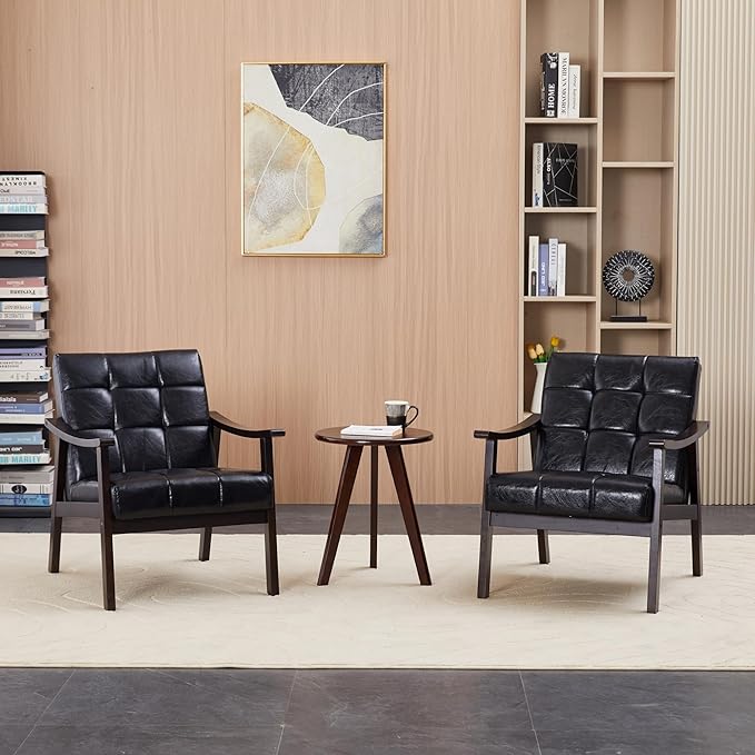 Hjaustevy Leather Accent Chair, Upholstered Arm Chair, Mid-Century Modern Chair with Solid Wood Legs, Lounge Reading Chair with High Back for Living Room, Bedroom, Waiting Room, Black