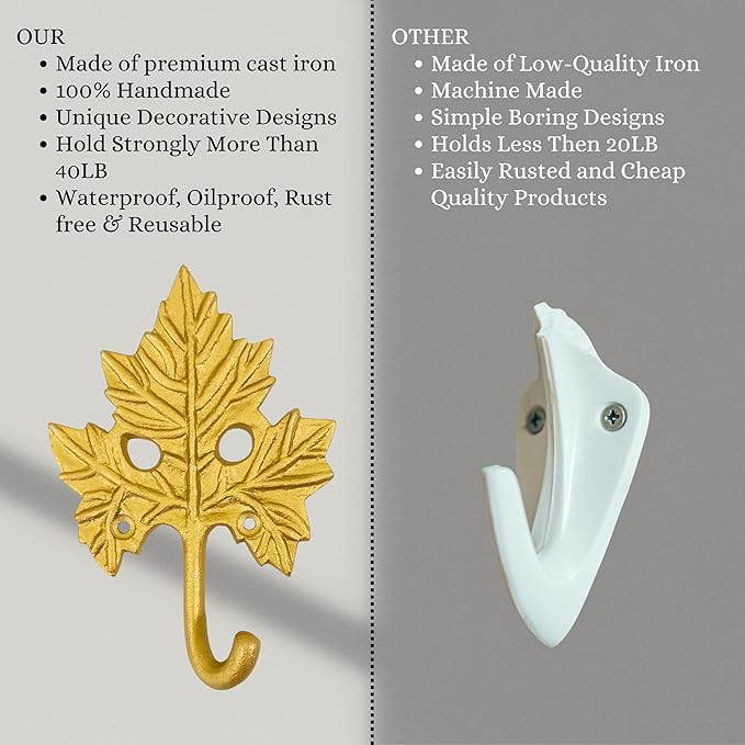Set of 3 Cast Iron Maple Leaf Shape Coat Hooks Wall Art Decor-Maple Leaf Shape Hangers and Key Holder-Clothes Rack and Backpack Hanger-Coat Hooks Home Decor for Storage, Living Room, Hallway (Gold)
