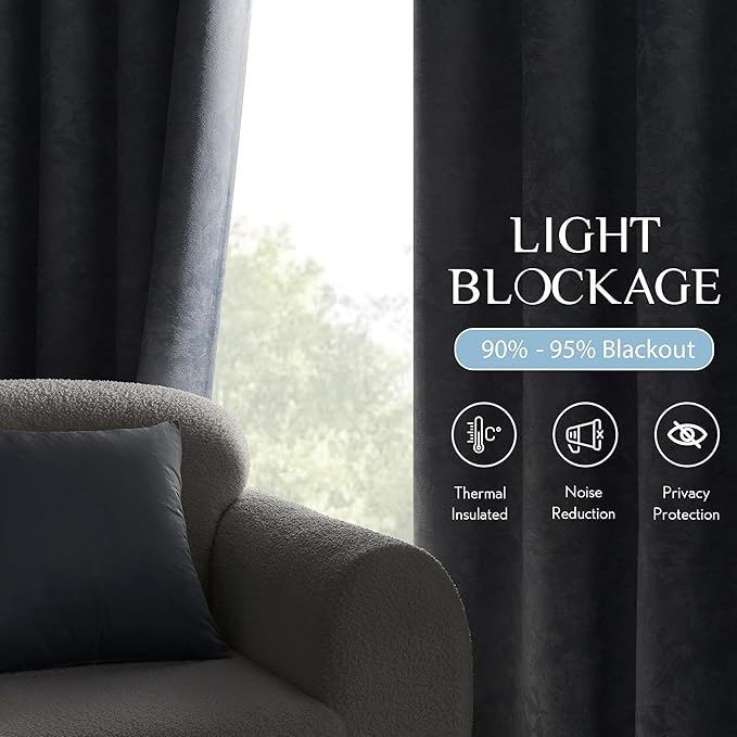 Beauoop Blue Floral Jacquard Blackout Curtains 84 Inches Long for Patio Sliding Door Extra Wide Chenille Flower Divider Room Darkening Thermal Soundproof Grommet Window Drapes, 100x84 Set of 1