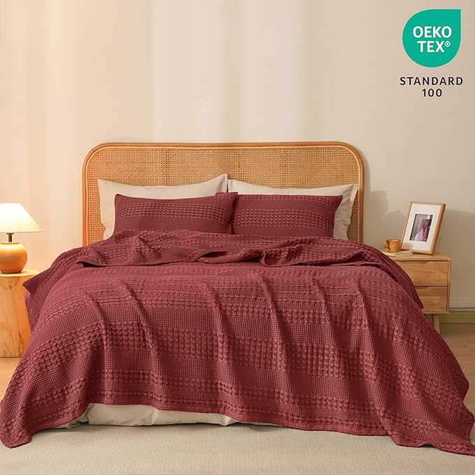 PHF 100% Cotton Waffle Weave Blanket Queen Size for Bed, Soft Lightweight & Breathable, All-Season Comfort, 300 GSM Luxury Aesthetic Blanket for Home Decor, 90"x90", Wine Red