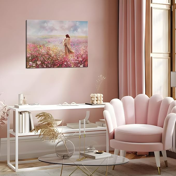Jesus Embraces Lamb Canvas Wall Art, Pink The Lost Lamb Christian Wall Decor Paintings, Jesus Leaves the 99 Sheep Bible Stories Posters Prints for Church Living Room Bedroom 16x24 Inch Framed