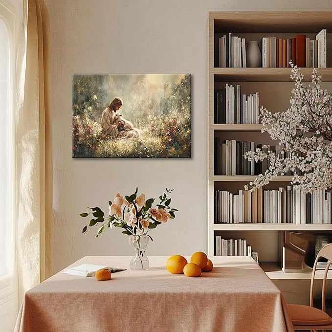 Jesus and Lamb Canvas Wall Art Jesus Holding The Lost Lamb Wall Decor Good Shepherd Poster God Leaves the 99 Sheep Pictures Christian Religious Painting for Living Room Church Prayer Room 24x16in