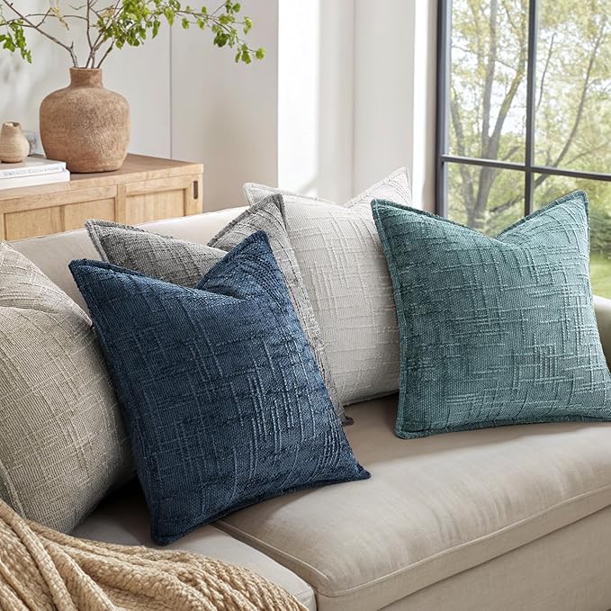 decorUhome Chenille Spring Throw Pillow Covers 20x20 Set of 2, Thick Textured Slubby Neutral Decorative Pillow Covers with Elegant Design for Couch, Sofa, Living Room, Navy Blue