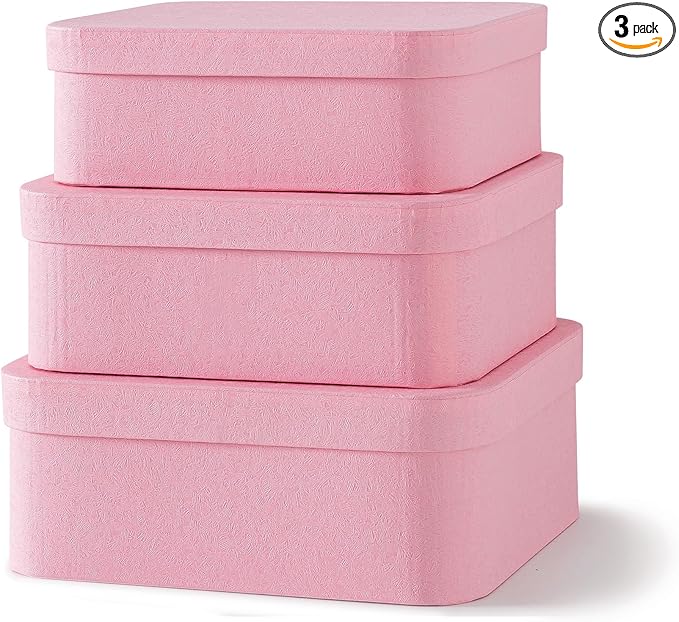 Soul & Lane Set of 3 Textured Pink Boxes with Rounded Edges, Decorative Cardboard Boxes with Lids, Nesting Gift Storage, Large Paperboard Containers for Organizing and Keepsakes