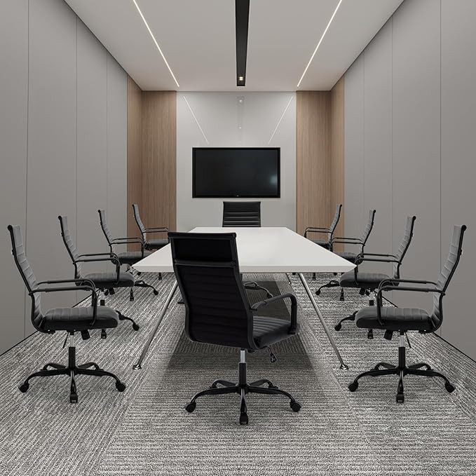 Haranuo Conference Room Chairs, Ergonomic Executive Office Chair, Ribbed Leather Desk Chair with Lumbar Support, Adjustable Height Mid-Back Swivel Chair with Padded Seat