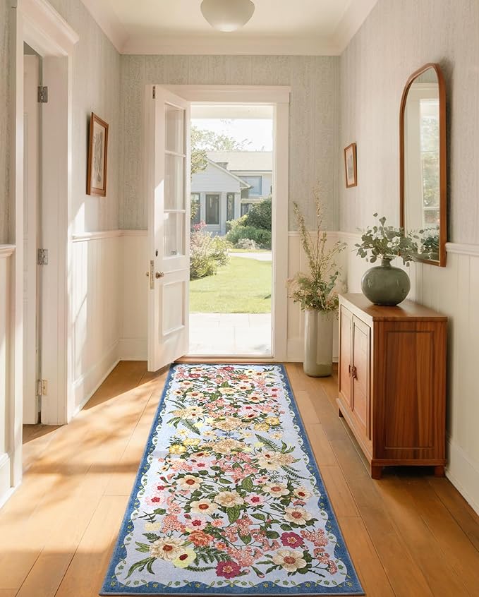 AREAMAY Floral Runner Rug 2x6 - Washable Vintage Kitchen Rug Low Pile Non-Slip Carpet for Entryway Hallway, Laundry, Bedroom - Soft, Stain Resistant Indoor Area Rug - Blue