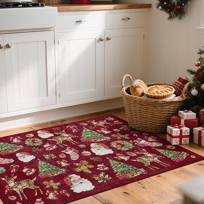 Kokia 2x3 Indoor Christmas Area Rugs for Entryway, Bedroom, Kitchen, Office, Machine Washable Small Door Mat with Santa, Christmas Tree, Bell, Reindeer and Holly, Santa Red
