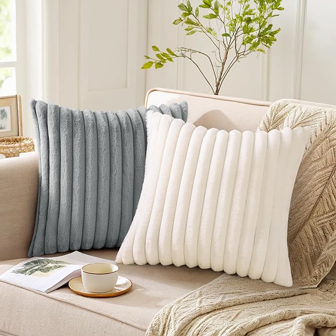 Pallene Faux Fur Plush Spring Throw Pillow Covers 26x26 Set of 2, Luxury Soft Fluffy Striped Decorative Pillow Covers for Sofa, Couch, Living Room, Cream White