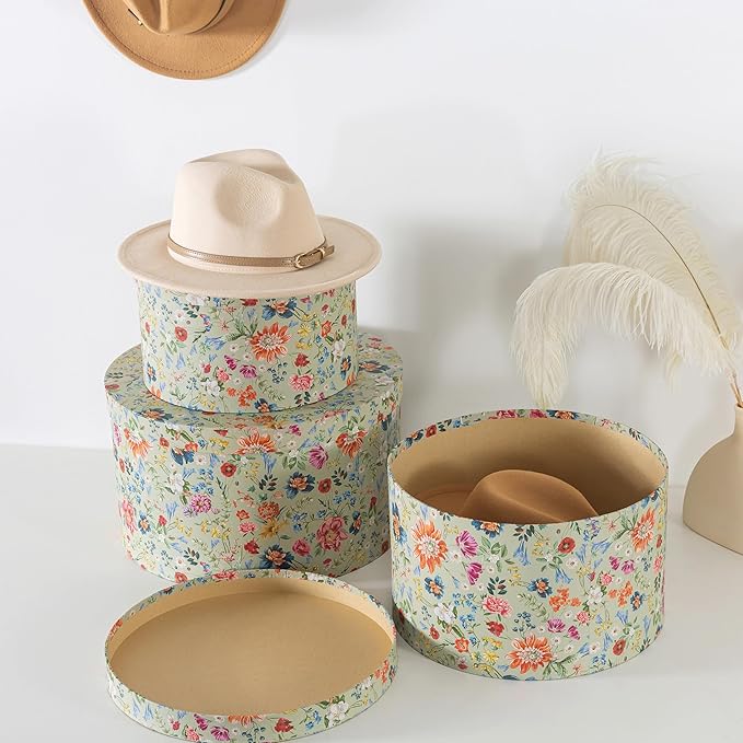 Soul & Lane Botanica Bliss Green Round Hat Boxes with Lids - Set of 3 Nesting Cardboard Hat Storage, Boho Floral Print Cases, Circle Stacking Decorative Keepsake Boxes