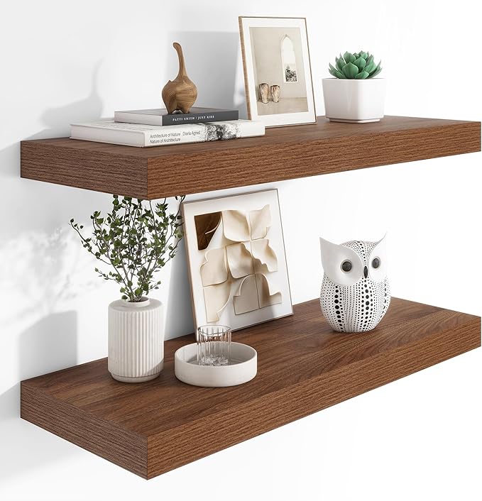 Heimlove 12" Deep Floating Shelves, 36 x 12 Inch Wall Mounted Long Floating Shelf with Invisible Brackets, for Home Decor, Bedroom, Kitchen, Living Room, Bathroom - 2 Pack, Walnut