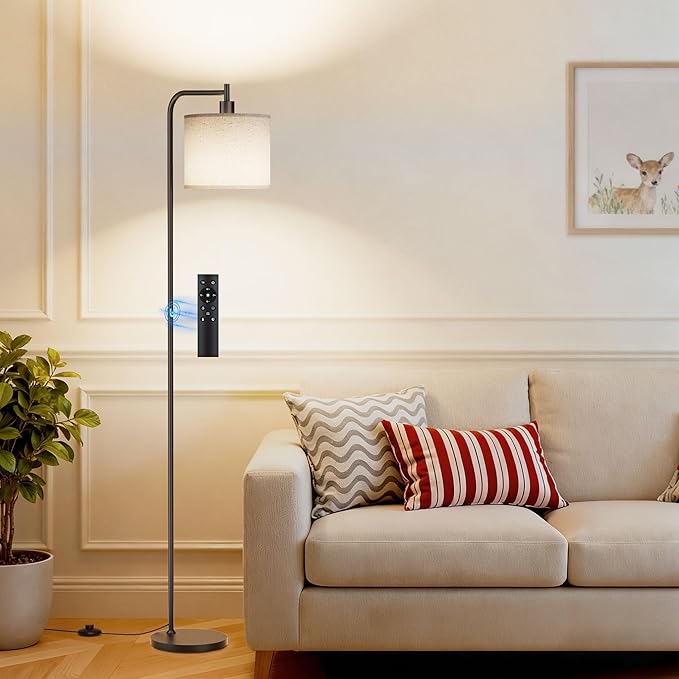 SIBRILLE Floor Lamp with Linen Shade, Dimmable Tall Standing Lamp with Remote Control & 3 Color Temperatures, Modern Corner Floor Lamps for Living Room Bedroom Office, 9W LED Bulb Included