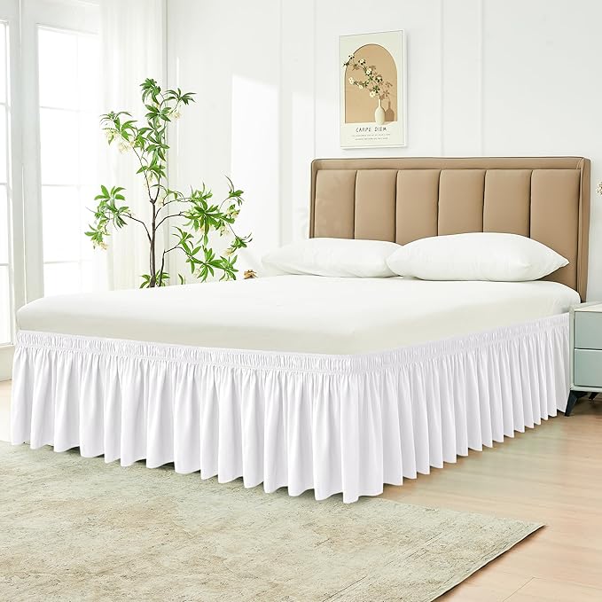 Biscaynebay Wrap Around Bed Skirts for King & Cal King Beds 19" Long Drop, White Adjustable Elastic Dust Ruffles Easy Fit Wrinkle & Fade Resistant Silky Luxurious Fabric Solid Machine Washable