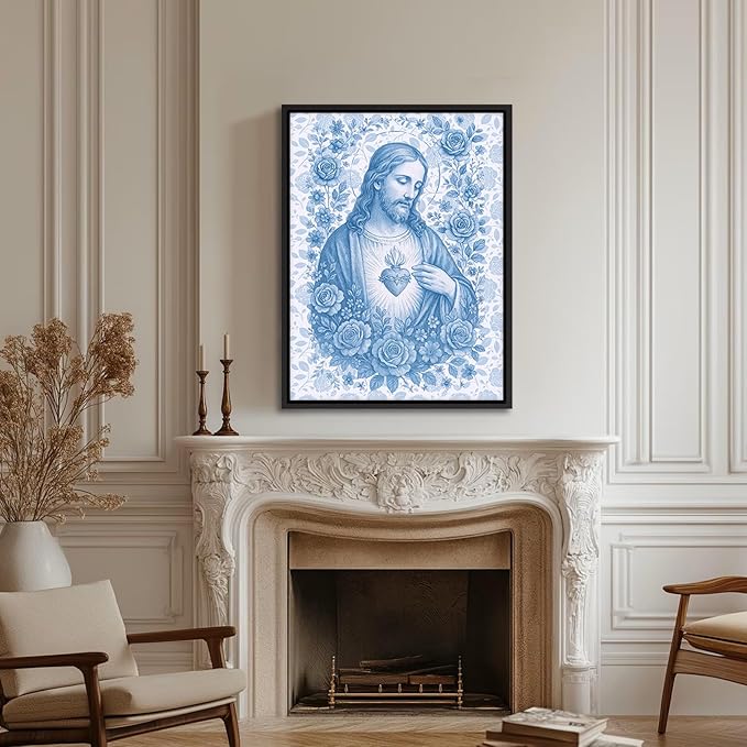 Framed Blue Sacred Heart of Jesus Canvas Wall Art Divine Mercy Wall Decor Jesus Portrait Pictures Catholic Artwork Christian Religious Poster Prints for Living Room Prayer Room Church 16x24in