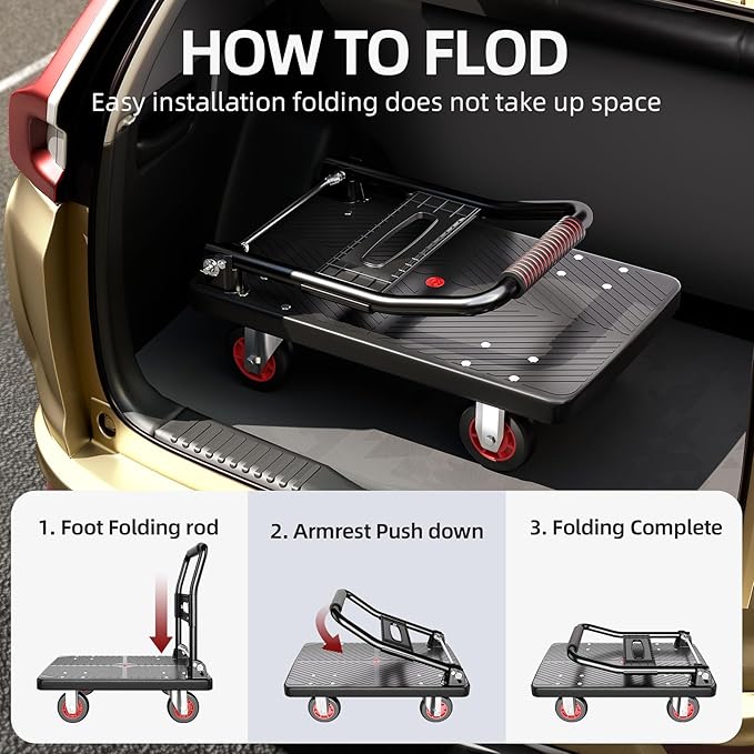 Upgraded Foldable Push Cart Dolly | 880 lbs. Capacity Moving Platform Hand Truck | Heavy Duty Space Saving Collapsible | 5‘’ TPR 360-Degree Silent Wheels | 2 Swivel Wheels and 2 Rigid Wheels