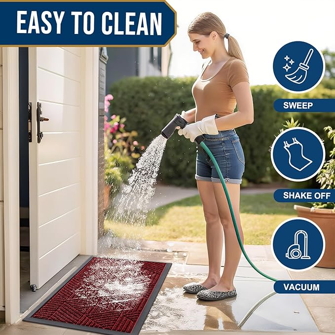 Smiry Front Door Mat Outside Entrance, Heavy Duty Sturdy Natural Rubber Doormat, Trap Dirt and Moisture, Easy Clean Low Profile Mats for Indoor Outdoor Entry, Irregular Triangle (29.5x17, Deep Red)