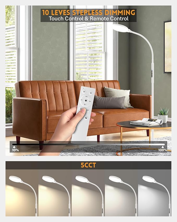MirthSip Sunlight Lamp, 11000 Lux Full Spectum UV-Free LED Sun Light Floor Lamp with 5 Modes, 3 in 1 Mount, CRI97 Adjustable 10 Brightness/Timer/Memory, White