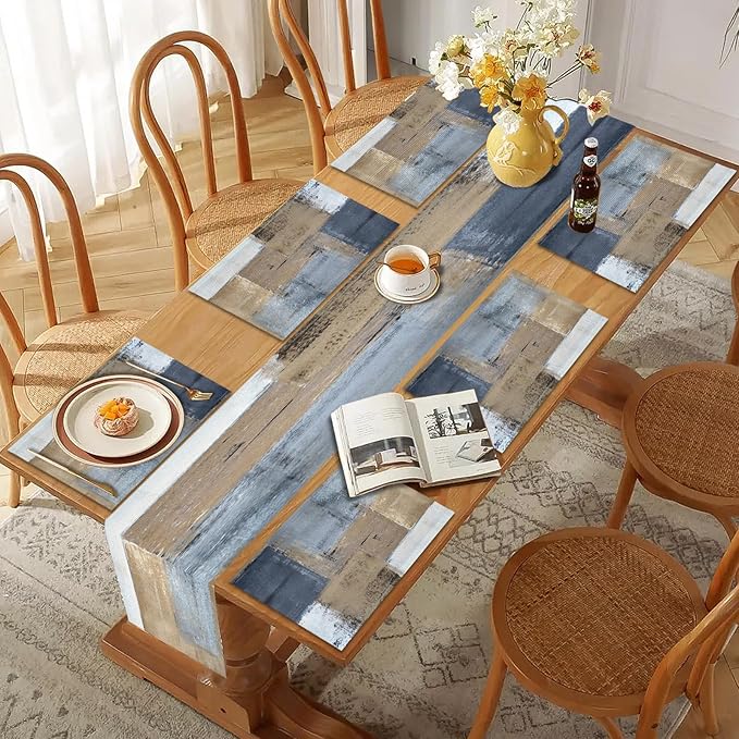 Mcalk Brown Table Runner and Placemats Set of 6, Abstract Dark Grey Placemats, Modern Cloth Place Mats Indoor for Kitchen,Washable Linen Material for Dining Table