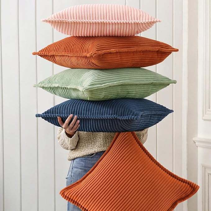 decorUhome Spring Corduroy Navy Blue Euro Sham Throw Pillow Covers 22x22 Set of 2 Decorative Soft Boho Farmhouse Couch Pillow Covers for Living Room Bed Sofa Broadside Striped Pillow Cases