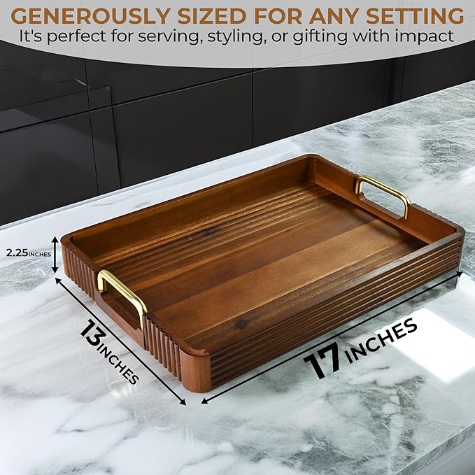 Acacia Wood Serving Tray with Metal Handles  – 17x13in Rustic Decorative Ottoman & Coffee Table Tray for Breakfast in Bed, Dinner, Bar, Kitchen, Home Décor & Entertaining