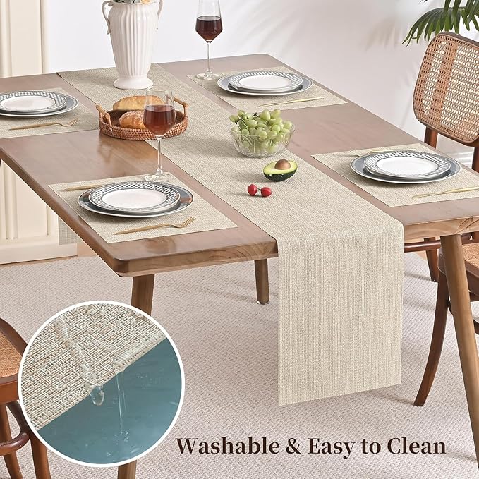 Leetaltree Beige Table Runner and Placemats Set of 7, Heat Resistant Non-Slip Place mats for Dining Table, Washable Durable PVC Vinyl Woven Table Runner Set