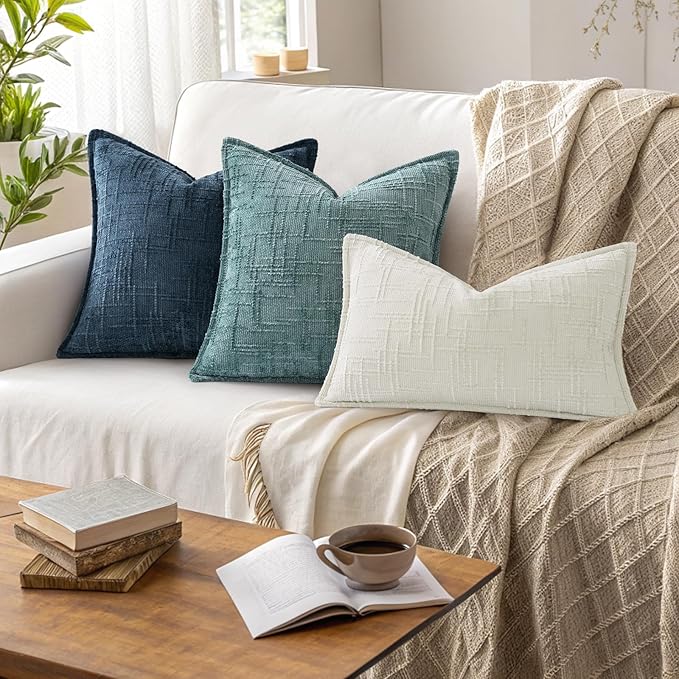 decorUhome Chenille Spring Throw Pillow Covers 18x18 Set of 2, Thick Textured Slubby Neutral Decorative Pillow Covers with Elegant Design for Couch, Sofa, Living Room, Navy Blue