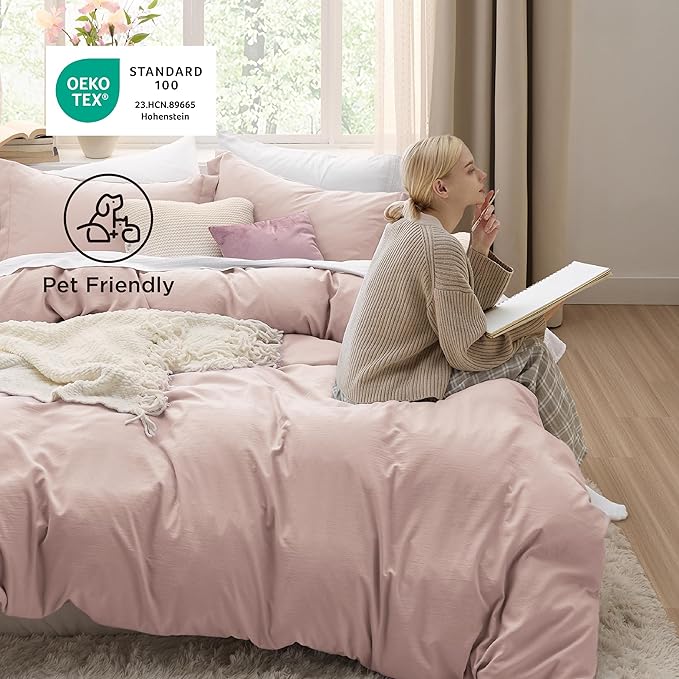 Bedsure Rose Pink Duvet Cover Queen Size - 3 Pieces Prewashed Extra Soft Bedding Set, Includes 1 Duvet Cover 90x90 Inches with Zipper Closure & 2 Pillow Shams, Comforter Not Included