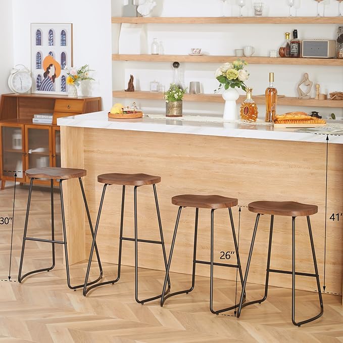 HeuGah Bar Stools Set of 2, 30 Inch Counter Height Bar Stools, Brown Saddle Seat Barstool for Kitchen Island, Industrial Wood Bar Height Stool with Metal Leg (Brown, 2 PCS 30Inch Barstool)