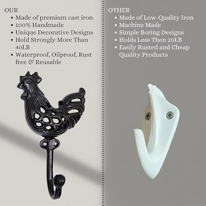 Set of 3 Cast Iron Rooster Shape Coat Hooks Wall Art Decor-Rooster Shape Hangers and Key Holder-Clothes Rack and Backpack Hanger-Coat Hooks Home Decor for Storage, Living Room, Hallway, Office