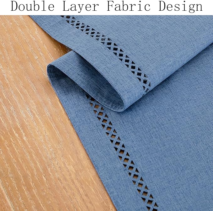 Burlap Style Farmhouse Table Runner, 13 x 108 Inch Blue, Rustic Geometric Hollow Table Runners 108 Inches Long for Dresser Table Everyday Use, 13x108 Inches, Blue