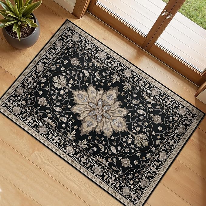 RELEANY Area Rugs 2'x3' Washable Non-Slip, Floral Vintage Distress Print Pattern Medallion Carpet for Living Room Bedroom Dining Room, Black Brown Neutral Dark Tan