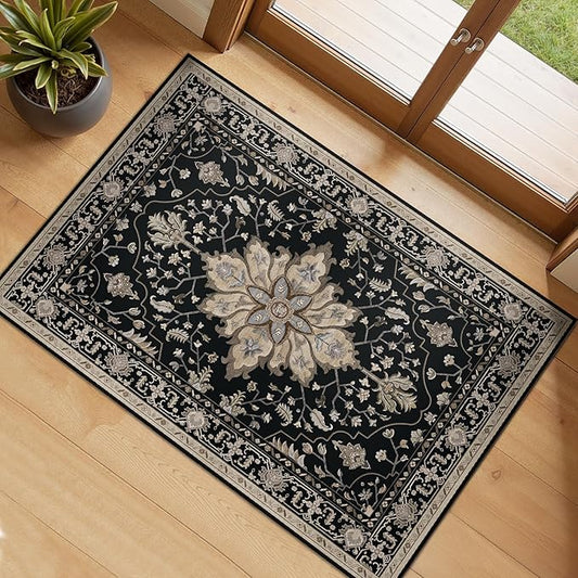 RELEANY Area Rugs 2'x3' Washable Non-Slip, Floral Vintage Distress Print Pattern Medallion Carpet for Living Room Bedroom Dining Room, Black Brown Neutral Dark Tan