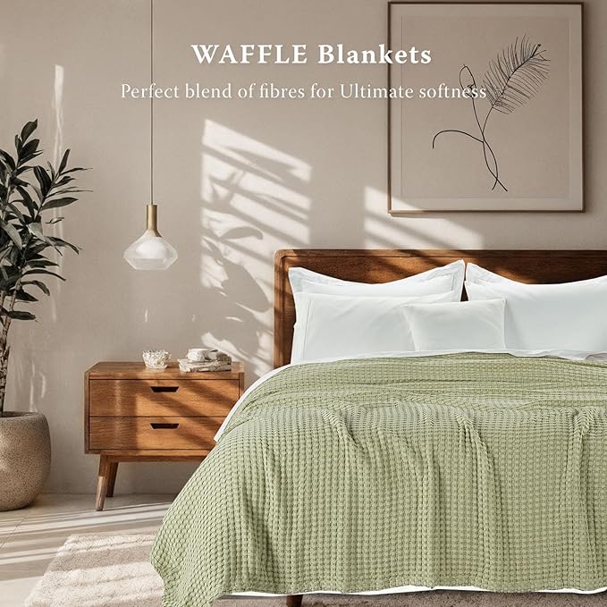 Threadmill Cooling Cotton Waffle Queen Size Blanket | Breathable, Lightweight & Ultra-Soft |Made from Rayon Derived from Bamboo | Cooling Throw Blanket for Couch and Sofa|90 x 92 Inches | Sage Green