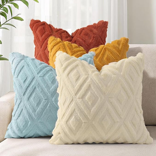 decorUhome Pack of 4 Faux Fur Throw Pillow Covers 16x16, Soft Decorative Couch Pillow Covers with Velvet Back for Modern Sofa Living Room, Yellow/Rust