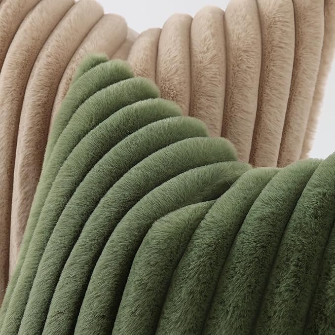 decorUhome Faux Fur Throw Pillow Covers 18x18 Set of 2, Decorative Soft Plush Striped Neutral Couch Euro Pillow Covers with Velvet Back for Sofa, Bed, Living Room Home Decor, Olive Green