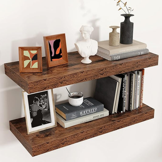 Floating Shelves for Wall, Engineered Wood Wall Shelves with Invisible Brackets for Living Room Bedroom Bathroom Office Kitchen Decor and Storage (Brown, 24" W x 9" D x 1.5" H) Set of 2