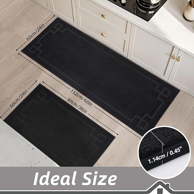 BEQHAUSE Kitchen Rugs Non-Slip Washable Rug Sets of 2, Machine Washable Kitchen Mats Absorbent Soft Kitchen Runner Rugs for Floor,Sink,Hallway,Laundry,24”x36”+24”x60”, Black