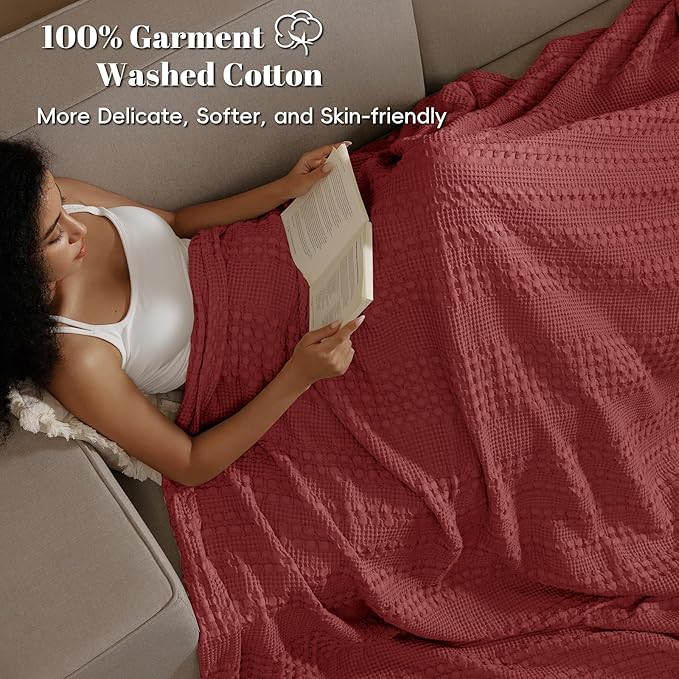 PHF 100% Cotton Waffle Weave Blanket Queen Size for Bed, Soft Lightweight & Breathable, All-Season Comfort, 300 GSM Luxury Aesthetic Blanket for Home Decor, 90"x90", Wine Red