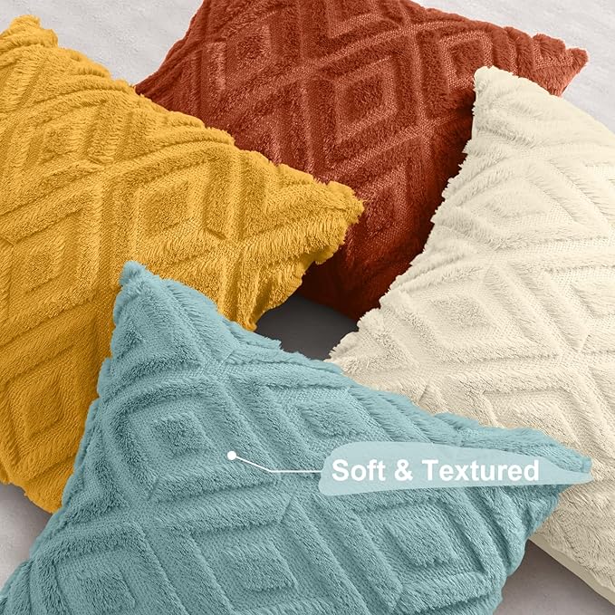 decorUhome Pack of 4 Faux Fur Throw Pillow Covers 16x16, Soft Decorative Couch Pillow Covers with Velvet Back for Modern Sofa Living Room, Yellow/Rust